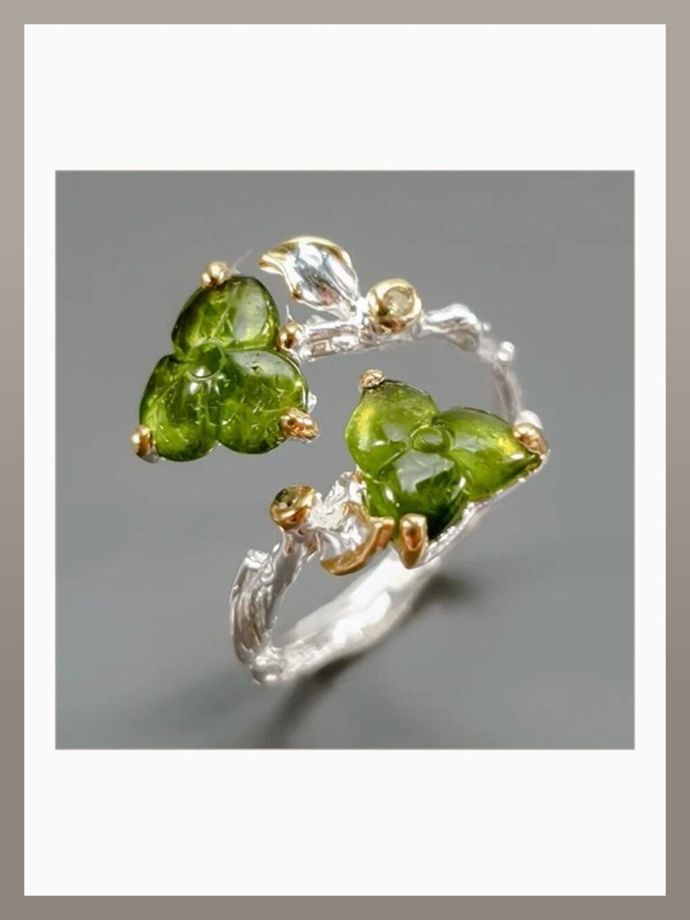 Ring Artistic Leaves Carved Green Tourmaline with CZ Accents 925 Freesize